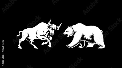 Dynamic financial market concept with powerful white bull and bear confronting, representing stock exchange trends and investment.