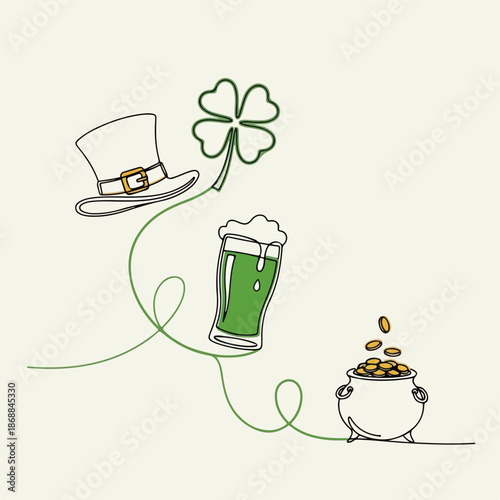 St Patricks Day line drawing shows leprechaun hat, four leaf clover, green beer. Design features pot of gold, embodying Irish celebration and St Patricks Day spirit.