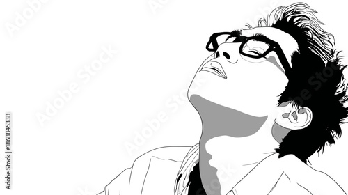 Minimalist vector illustration of a young man in glasses looking up with head tilted back, depicting hope, contemplation, or aspiration.