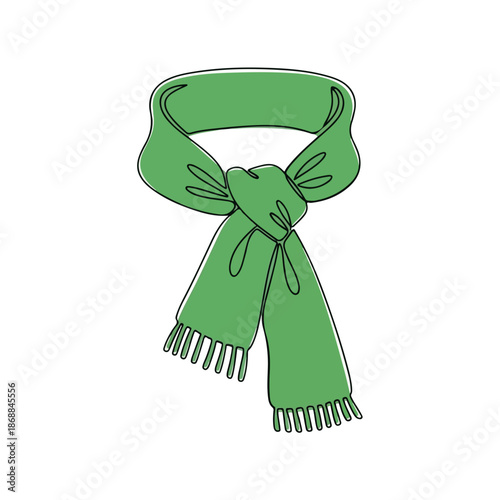 Green scarf tied with knot, symbolizing warmth, cozy winter accessory. This verdant neckwear with soft fringes, ideal for cold weather fashion.