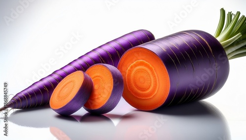 Whole Purple Carrot With Vivid Orange Core Beside Several Round Slices