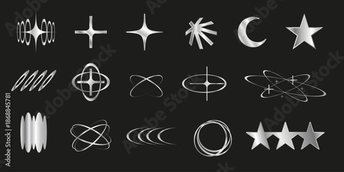 Abstract Y2K graphic elements set with silver metallic shapes, futuristic symbols, stars, crosses, and circles  on dark background. Vector illustration.