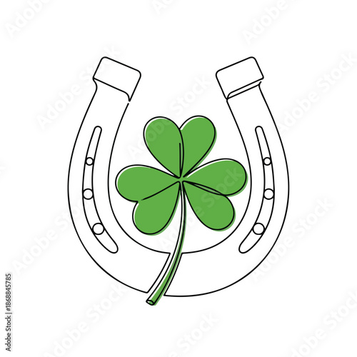 Continuous line art drawing of St Patricks Day symbols, depicting a horseshoe and a vibrant green three leaf clover illustration, representing good fortune and Irish heritage.