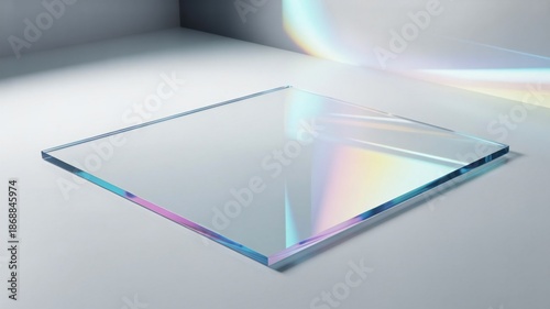 Iridescent glass panel on white surface