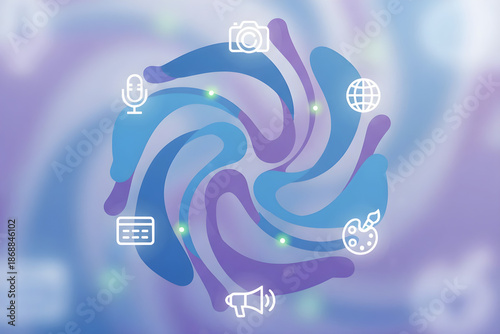 Abstract social media and digital marketing swirl with app icons