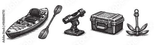 A detailed ink sketch illustrates maritime equipment including a kayak, paddle, storage case, mount, and anchor against a white background, evoking adventure and exploration.