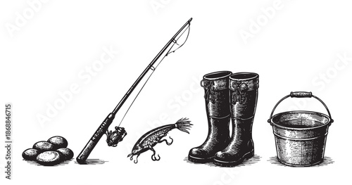 Vintage illustration style black and white sketch of fishing equipment including boots, rod, lure, bait, and bucket on a white backdrop.