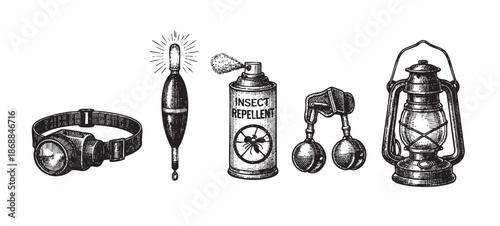 A vintage-style illustration depicts essential camping items including a headlamp, fishing float, insect repellent spray, ear defenders, and a kerosene lantern against a white background.