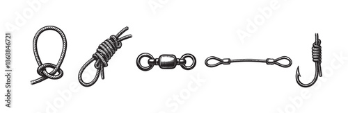 This black and white line art illustration features five distinct fishing components: knots, swivels, and a hook, presented clearly on a white background for versatile use.