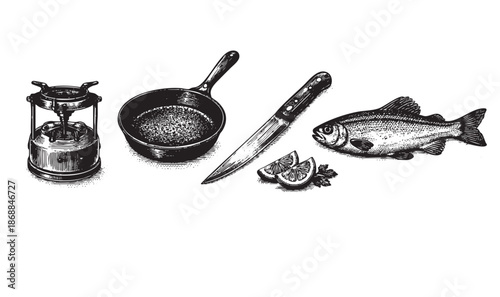 A still life illustration of fresh fish, lemon slices, and herbs next to a cooking pan, knife, and camping lantern in a monochromatic engraving style.