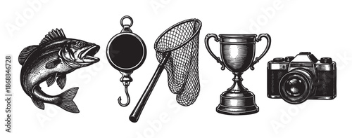 A detailed black and white illustration depicts vintage fishing gear including a trophy, fish, net, scale, and camera, suggesting achievement and hobbies.