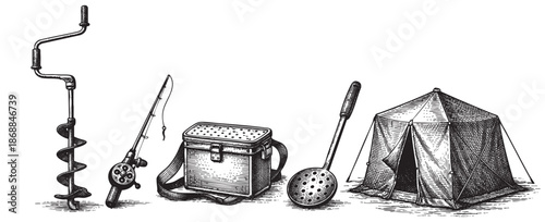 A vintage black and white illustration depicts a collection of ice fishing equipment, including an auger, fishing rod, tackle box, ice scoop, and tent.