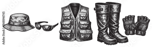 Vintage illustration of essential fishing apparel including a bucket hat, sunglasses, multi-pocket vest, sturdy boots, and fingerless gloves, set against a white background.