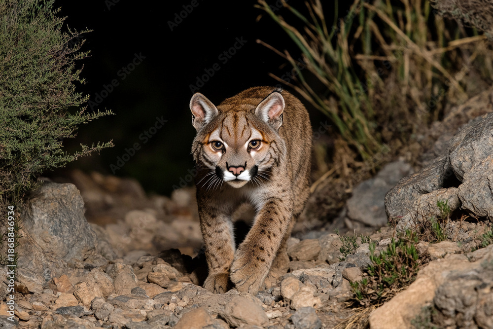 Obraz premium Puma prowling silently across rocky terrain during nighttime in a natural habitat