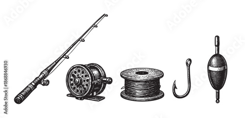 A vintage-style black and white illustration showcases fishing equipment including a rod, reel, hook, bobber, and spool of line arranged on a white background.