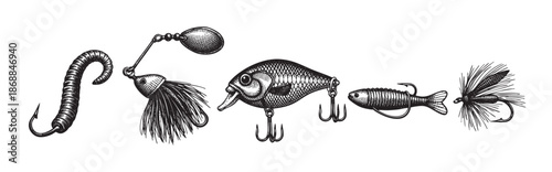 A collection of five hand-drawn fishing lures, including a worm, spinner, crankbait, jig, and fly, presented in a classic black and white sketch style on a white background.