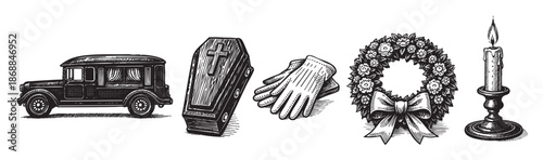 A vintage woodcut illustration depicts funeral elements including a hearse, coffin, gloves, wreath, and candle, evoking a somber and traditional mood suitable for historical or memorial themes.