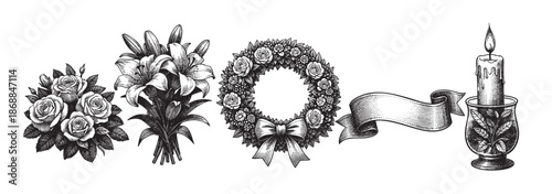 A vintage black and white illustration collection featuring funeral tributes including bouquets of roses and lilies, a floral wreath, a blank ribbon banner, and a lit candle in an ornate holder.