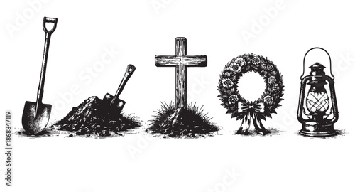 Engraving style illustration of funeral icons including a shovel, dirt pile, wooden cross, floral wreath with bow, and a kerosene lantern, set against a white background.
