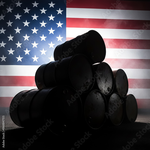 Stacked barrels against the backdrop of an American flag in a dimly lit setting