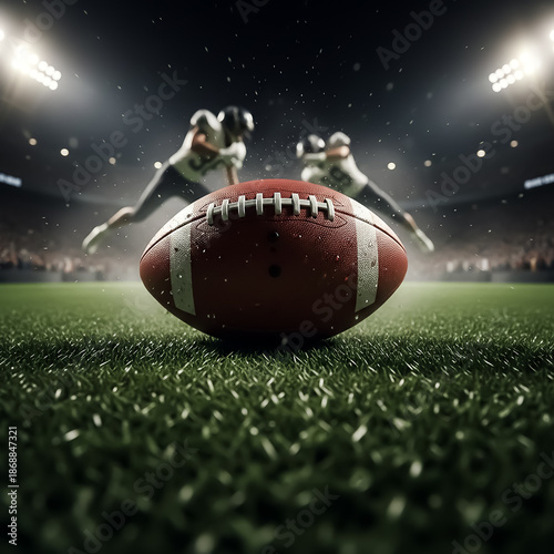 Football players jump to catch a pass during a game at a stadium under bright lights in the evening
