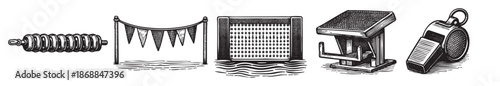 A black and white sketch of various sports equipment, including a jump rope, pennant banner, scoreboard, starting block, and whistle, isolated on a white background.