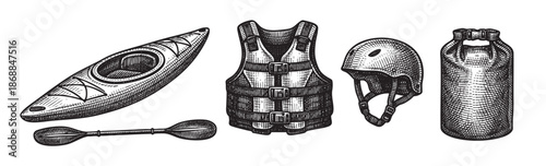 Black and white pen and ink illustration of kayaking equipment including a kayak, paddle, life vest, helmet, and dry bag, perfect for adventure or sports concepts.