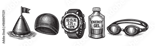 A collection of swimming essentials including a buoy with a flag, swim cap, smartwatch displaying time and distance, energy gel bottle, and goggles, rendered in a classic woodcut style.