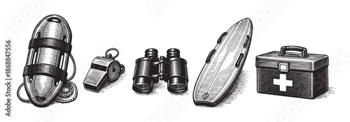 A vintage black and white line art illustration displays essential lifeguard equipment including a safety buoy, whistle, binoculars, and first aid kit, perfect for safety or water sport themes.