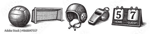 A vintage black and white illustration depicts a collection of sports equipment including a ball, goal, helmet, whistle, and scoreboard, perfect for concepts of competition and athletics.