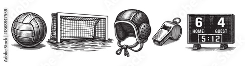 A black and white woodcut illustration showcases a collection of vintage sports items including a volleyball, net, cap, whistle, and scoreboard, perfect for retro sports themes.