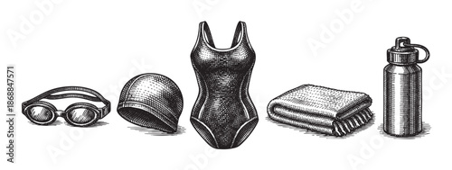 A vintage line art illustration of essential swimming items including goggles, cap, swimsuit, towel, and water bottle, presented in a monochromatic style.