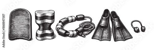 An engraved illustration of vintage swimming equipment including kickboard, pull buoy, swim rope, fins, and goggles on a white background.