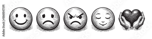 A line of five vintage-style illustrations depicting different emotions as smiley faces and a heart held in hands, rendered in black and white sketch style.