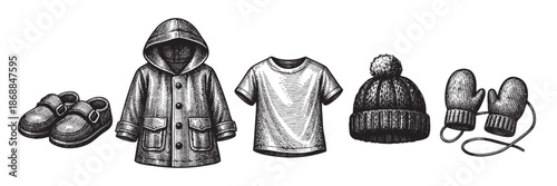 A vintage-style, black and white illustration depicts a child's winter outfit including shoes, a hooded jacket, t-shirt, beanie, and mittens, perfect for seasonal themes.