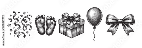 A charming black and white sketch collage of baby feet, a gift box, balloon, bow, and confetti, perfect for celebrating new life and special occasions.