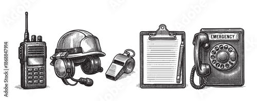 A vintage, etched illustration depicts essential emergency communication devices including a walkie-talkie, helmet with headphones, whistle, notepad, and rotary phone against a white background.