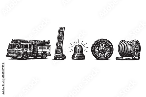 A hand-drawn illustration in black and white features a vintage fire truck, ladder, siren, wheel, and hose, perfect for themes of emergency services and rescue.