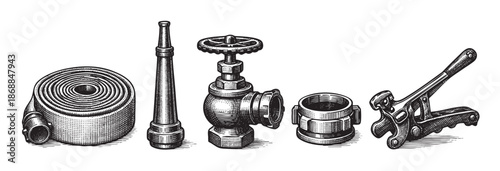 A detailed vintage line art illustration of essential firefighting equipment, including a coiled hose, nozzle, valve, coupling, and clamp, presented against a clean white background.