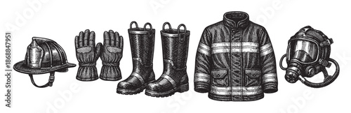 A detailed black and white engraving showcases essential firefighter equipment including a helmet, gloves, boots, jacket, and mask, presented in a clean, isolated layout for versatile use.