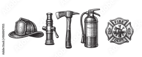 A vintage-style illustration features a collection of firefighter equipment including a helmet, nozzle, axe, extinguisher, and a badge with the words "Fire Dept" in a line on white.