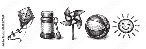 A whimsical black and white woodcut style illustration featuring classic summer toys including a kite, bubbles, pinwheel, ball, and a happy sun.