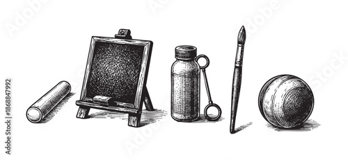 A black and white ink drawing of vintage art supplies, including chalk, an easel chalkboard, ink bottle, paintbrush, and ball, presented in a retro, illustrative style.