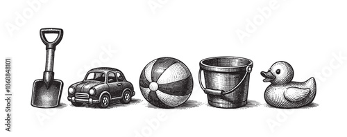 A charming, high-contrast black and white illustration features a row of classic toys, including a shovel, car, striped ball, bucket, and rubber duck, in a vintage engraving style.