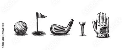 A vintage-style, black and white illustration features a golf ball, flag in hole, club, tee, and glove arranged in a horizontal line on a white background.