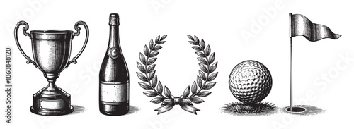 A black and white illustration depicting symbols of golf achievement, including a trophy, champagne bottle, laurel wreath, golf ball, and flag.