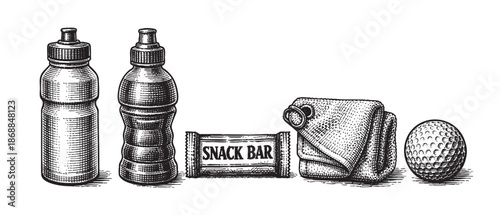 A vintage black and white illustration depicts essential items for a workout or outdoor activity including two water bottles, a snack bar, a folded towel, and a golf ball against a white background.