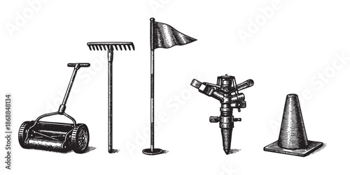 A black and white illustration depicts a collection of gardening tools including a reel mower, rake, golf flag, sprinkler, and traffic cone, presented in a vintage engraving style.