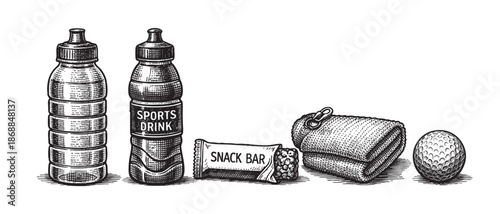 A vintage-style, hand-drawn illustration depicts essential items for athletic activity: two water bottles, a snack bar, a folded towel, and a golf ball.