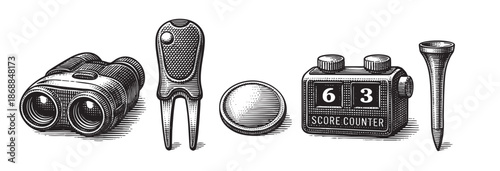A black and white woodcut-style illustration featuring essential golf accessories including binoculars, a divot tool, golf ball, score counter, and tee, perfect for sports or vintage themes.